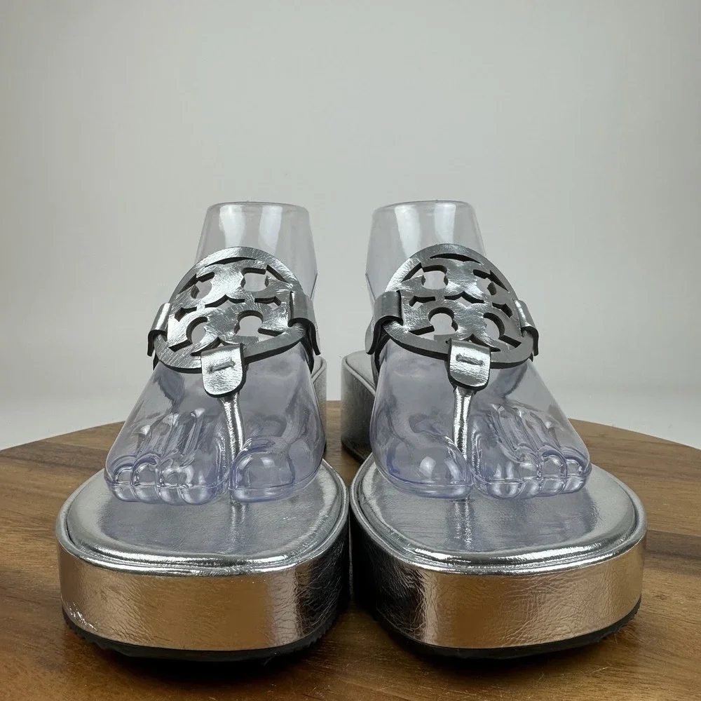 Womens Tory Burch Miller Platform Metallic Silver Leather Wedge Sandals Size 8.5 - Picture 3 of 8